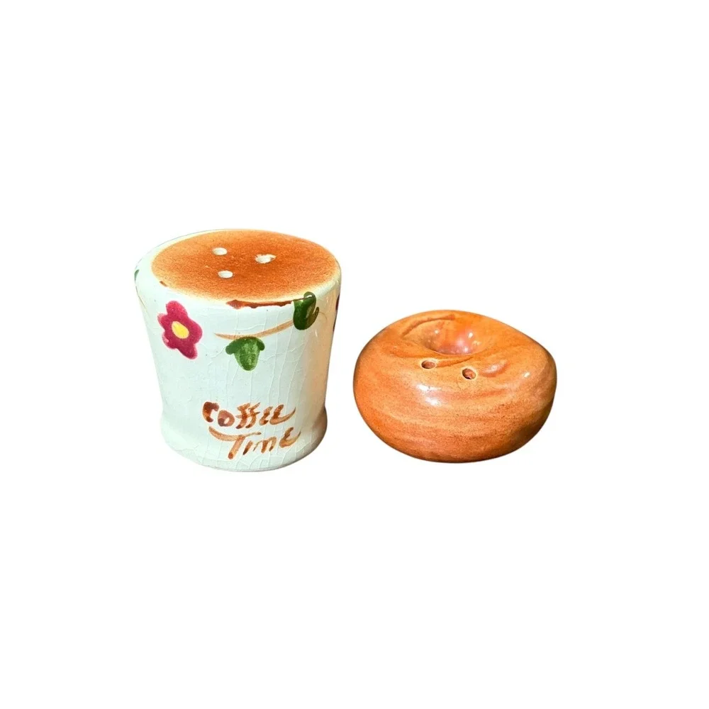 Vintage Coffee‎ Time Donut Mug Salt Pepper Shakers Ceramic Hand Painted Set